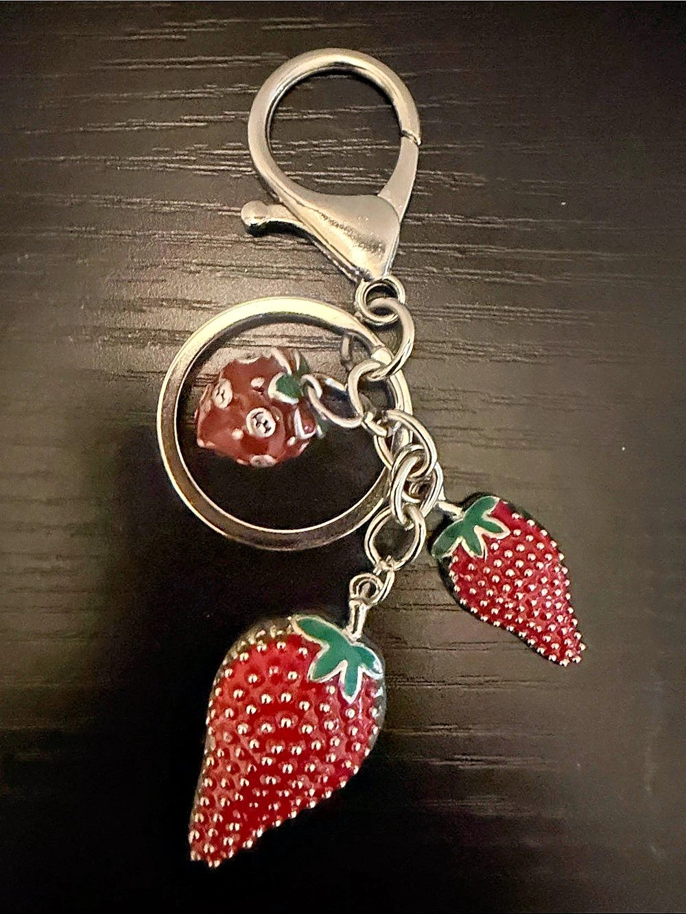 Inspired Strawberry Bag Charm Keychain Red & Silver